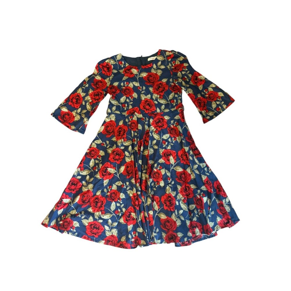 Girls Floral Rose Knee Length Dress Navy Blue Red Little Girl Size 8 to 9 Years